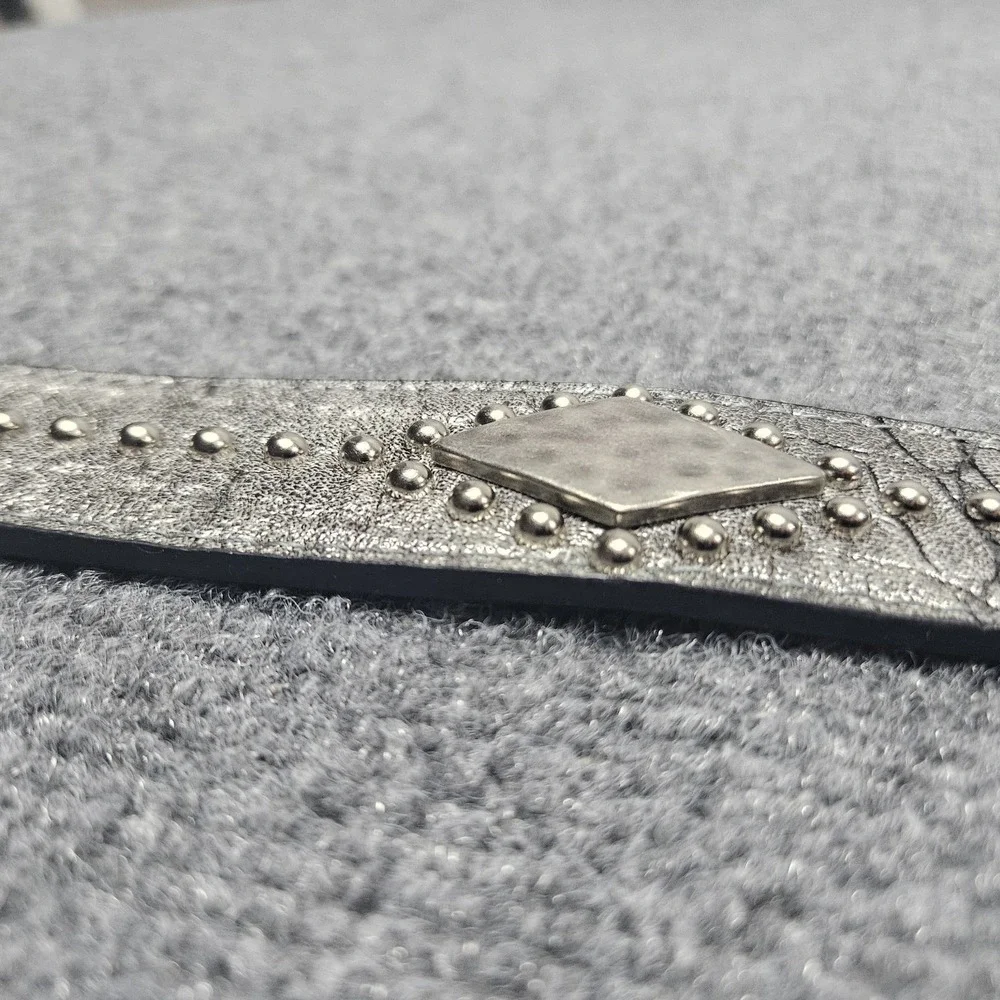 3D‎ Leather Lined Western Belt XL Hammered Oval Buckle Studded Silver Cowboy